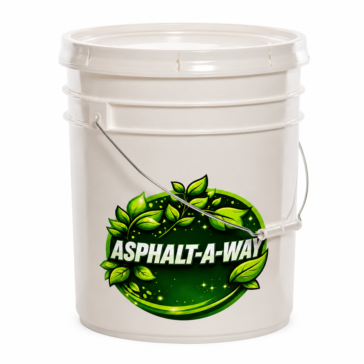 White bucket with green Asphalt-A-Way logo