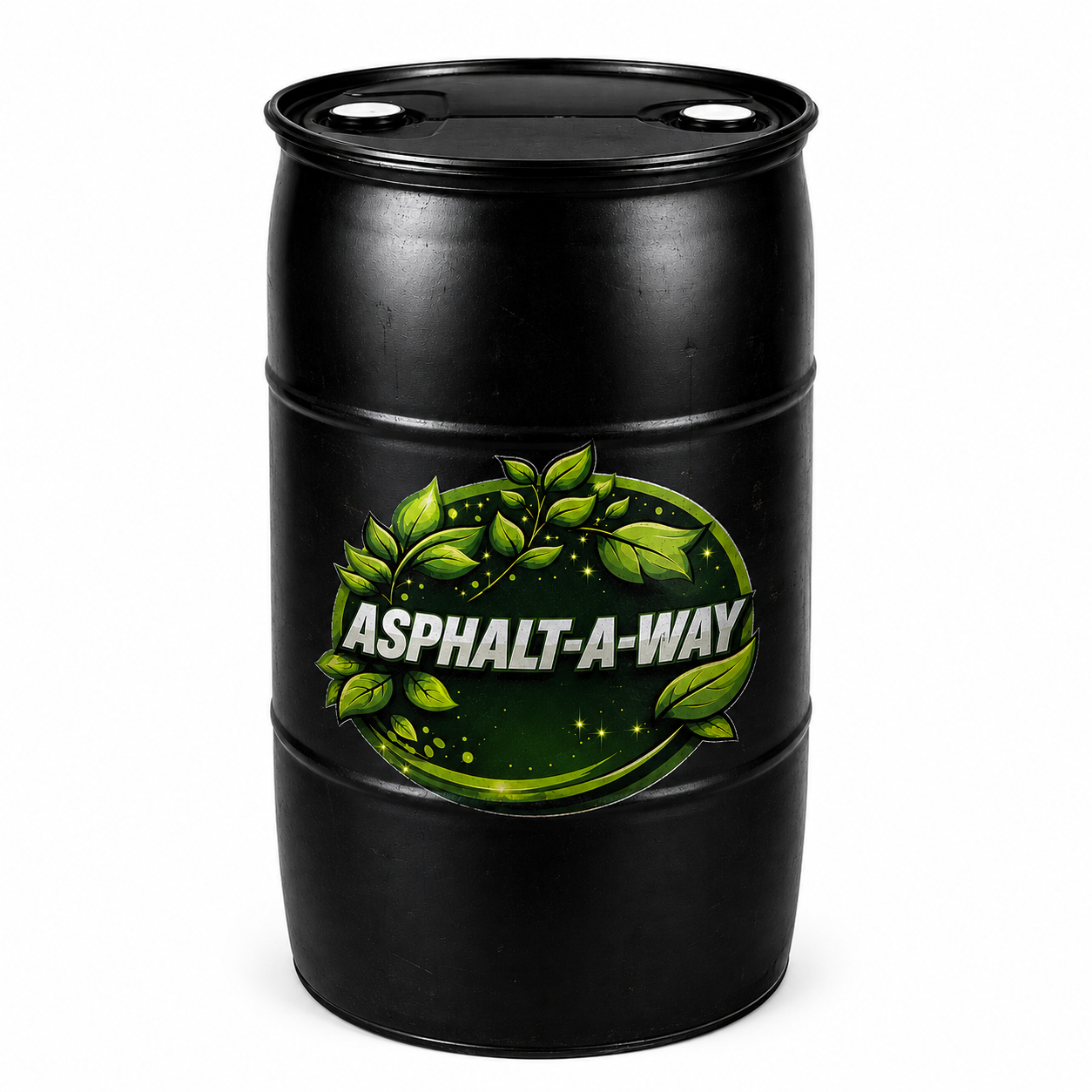 Black barrel with Asphalt-A-Way green logo