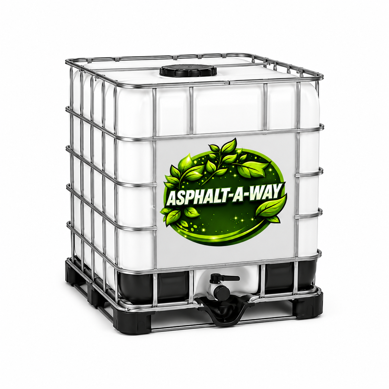 Plastic IBC tote with Asphalt-A-Way logo