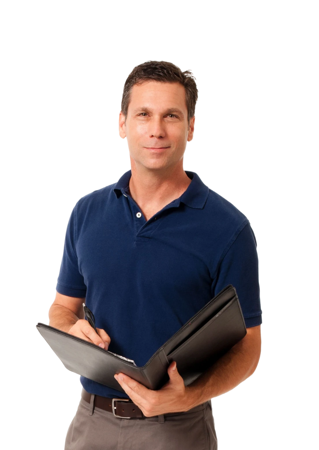 Man holding a notebook, writing with pen.