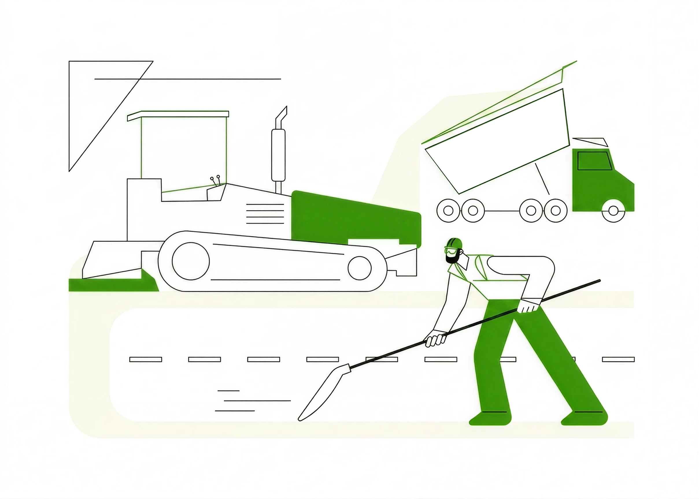 Construction worker with machinery and truck illustration.